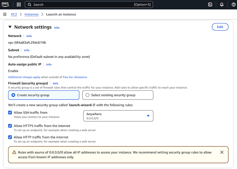 Screenshot of Network Settings on the EC2 Launch Instance page