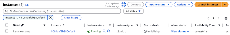 Screenshot of the EC2 Instances page with a single instance