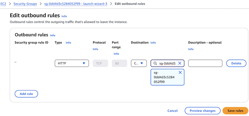 Screenshot of the EC2 Security Group outbound rules page