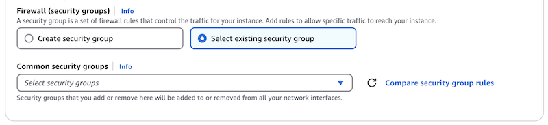 Screenshot of Network Settings on the EC2 Launch Instance page with the option of selecting an existing security group