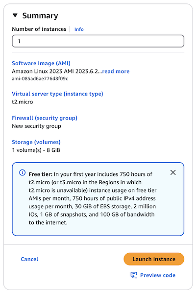 Screenshot of the Summary panel on the EC2 Launch Instance page with button to launch instance