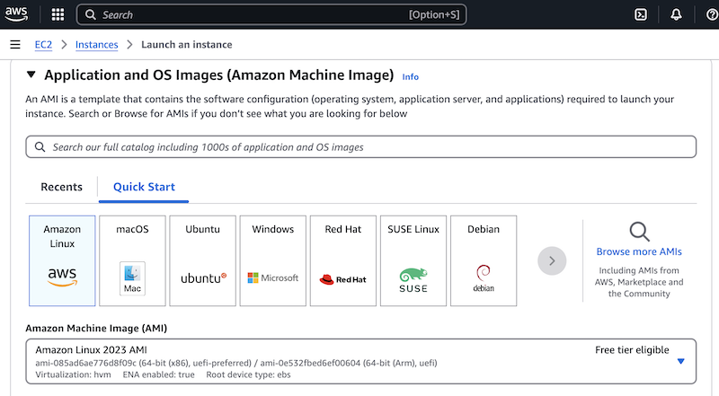 Screenshot of AMI section on the EC2 Launch Instance page