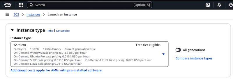 Screenshot of Instance Type on the EC2 Launch Instance page