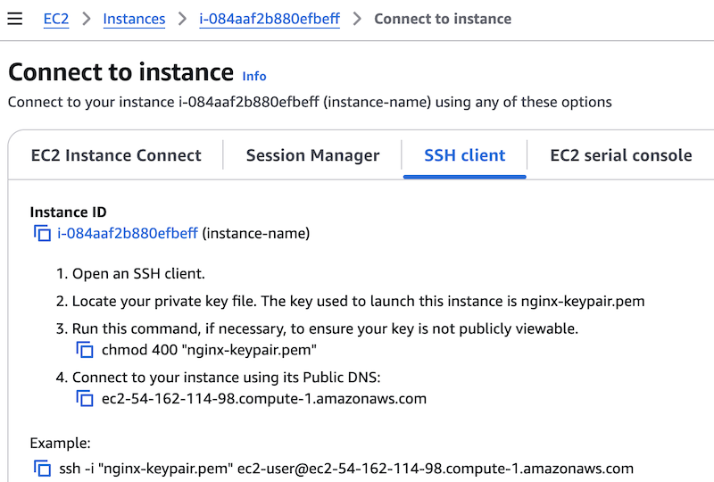 Screenshot of the EC2 Instance Connect with SSH page