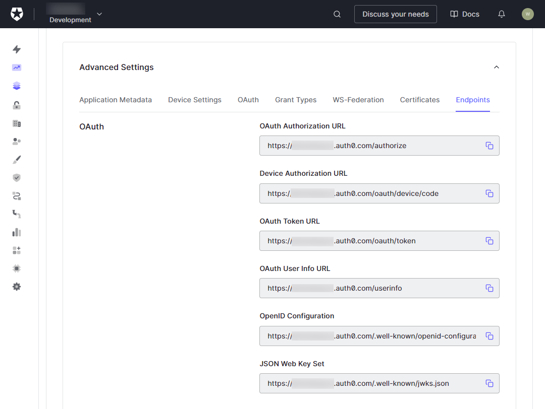 image showing the Advanced Application Settings section of the Auth0 dashboard