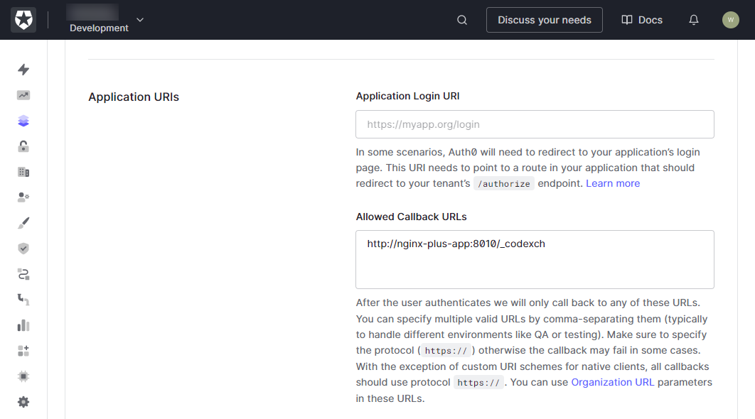 image showing the Application URIs settings in the Auth0 dashboard