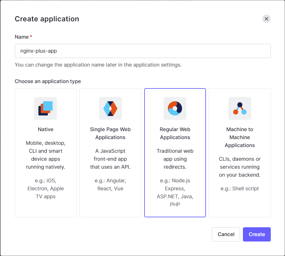 image showing the Create application window in the Auth0 dashboard