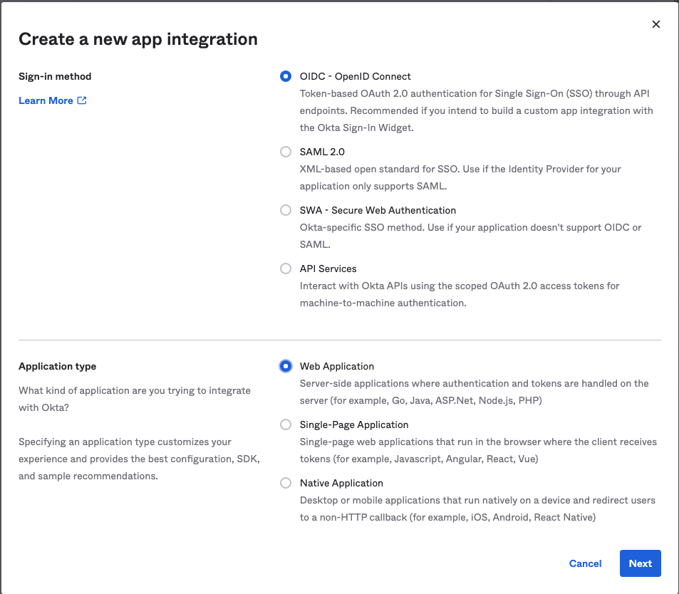 image showing the Create a new app integration window in the Okta UI, with OIDC and Web Application options selected