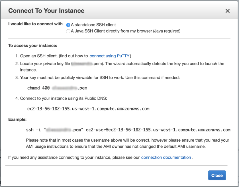 Screenshot of &lsquo;Connect To Your Instance&rsquo; pop-up window for Amazon EC2 instance