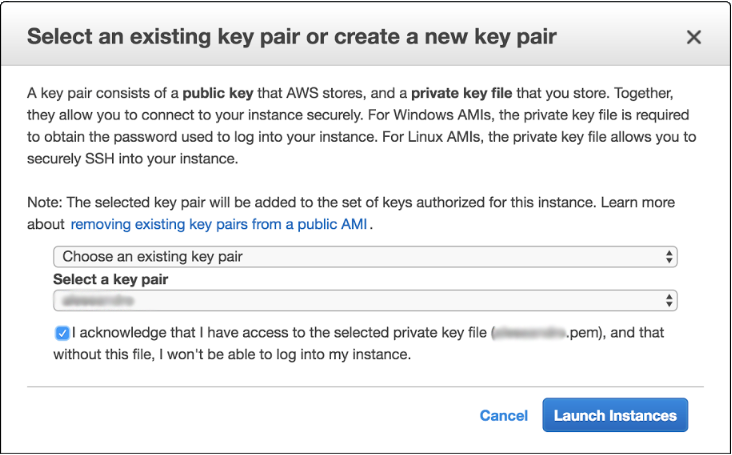 Screen of &lsquo;Select an existing key pair or create a new key pair&rsquo; window during creation of Amazon EC2 instance