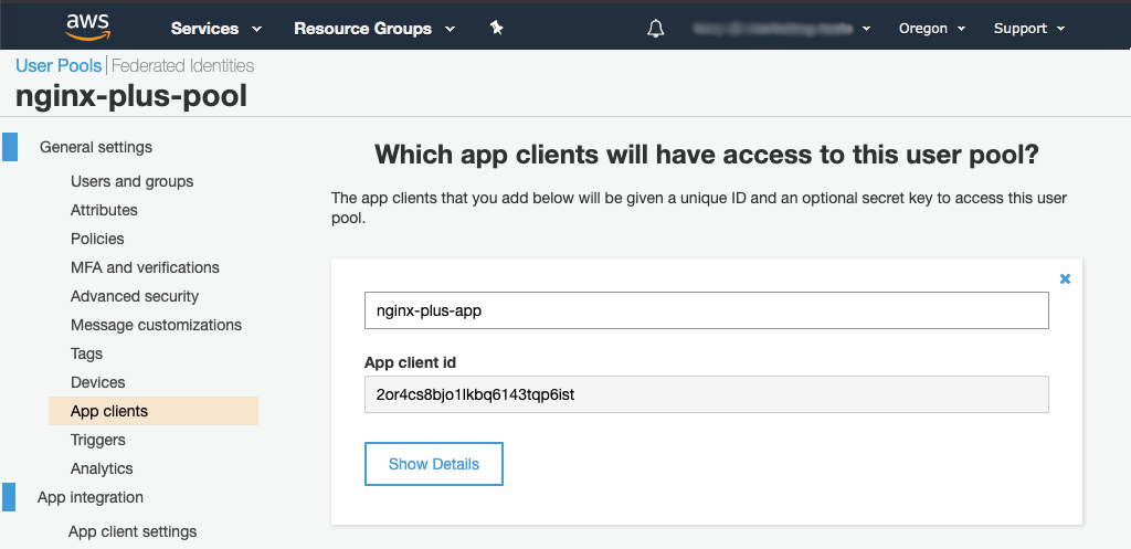 'App clients' tab in Amazon Cognito GUI
