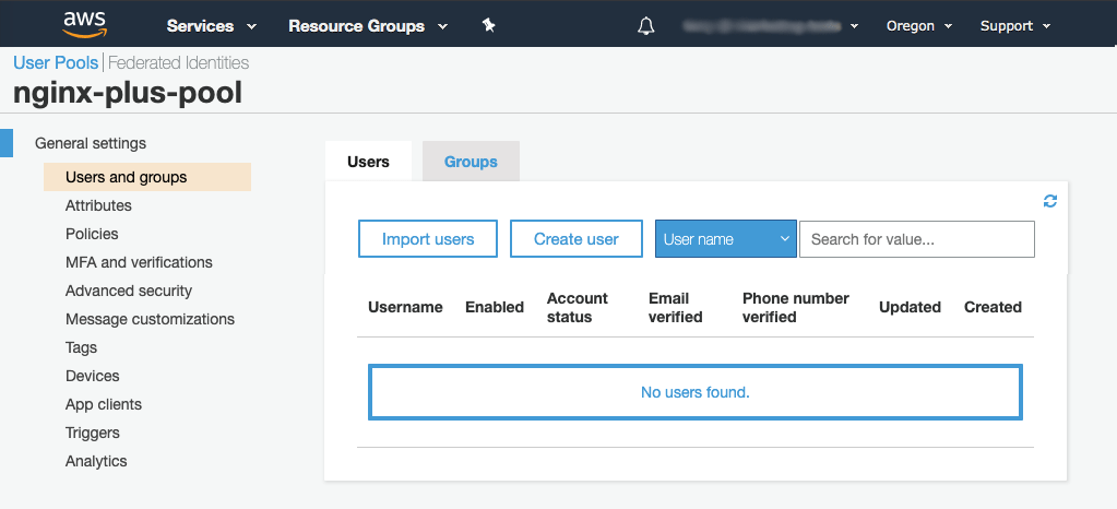 'Users and groups' tab in Amazon Cognito GUI