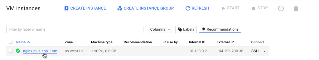 Screenshot showing how to access the page where configuration details for a VM instance can be modified during deployment of NGINX Plus as the Google Cloud load balancer.