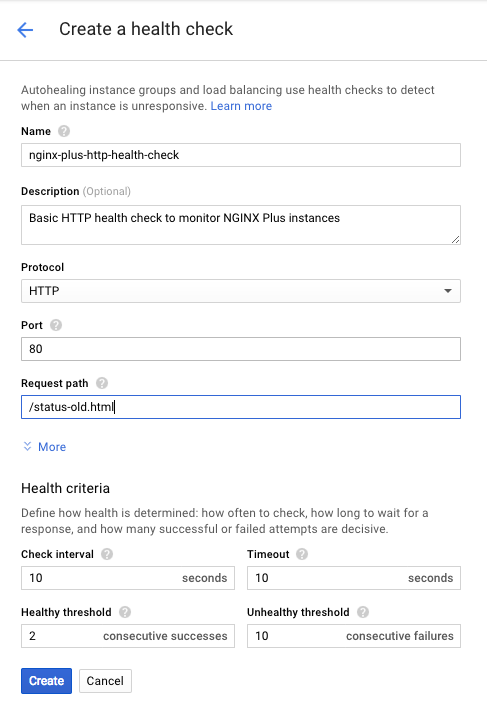 Screenshot of the interface for creating a health check in Google Compute Engine (GCE), which Google network load balancer uses to monitor NGINX Plus as the Google cloud load balancer.
