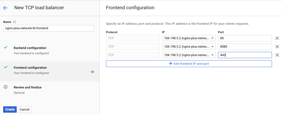 Screenshot of the interface for frontend configuration of GCE network load balancer, used during deployment of NGINX Plus as the Google Cloud load balancer.