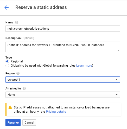 Screenshot of the interface for reserving a static IP address for Google Compute Engine network load balancer.