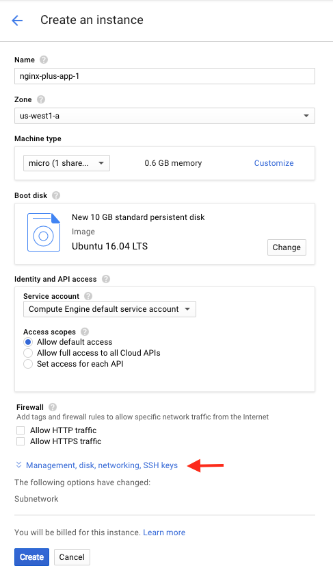 Screen shot of the 'Create an instance' page for an application server in the deployment of NGINX Plus as the Google Cloud Platform load balancer.
