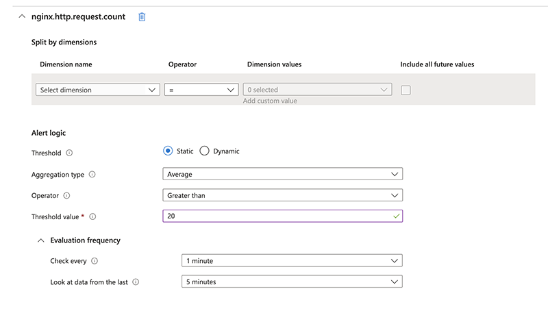 Screenshot of the alert logic page showing how to set the threshold and frequency