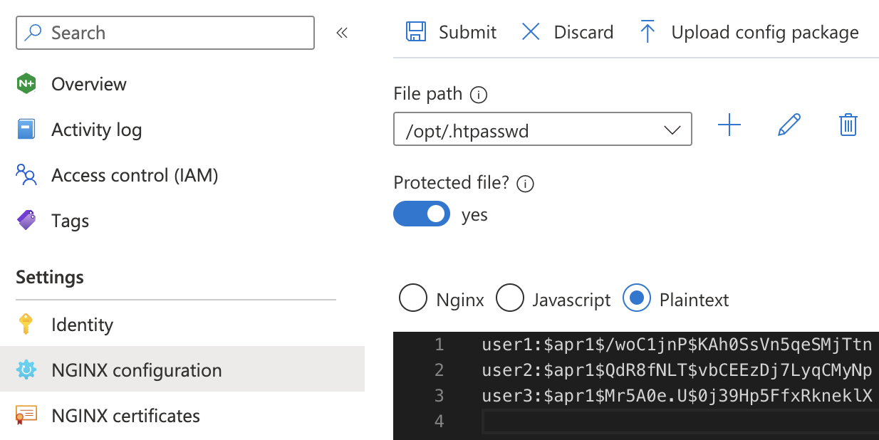 Screenshot of the Azure portal showing the password file upload