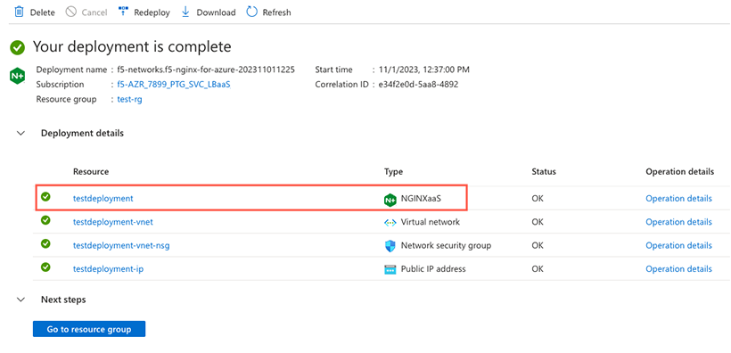 Resource Deployment Completed page showing the available deployments and the new NGINXaaS type deployment in the Deployment details section.