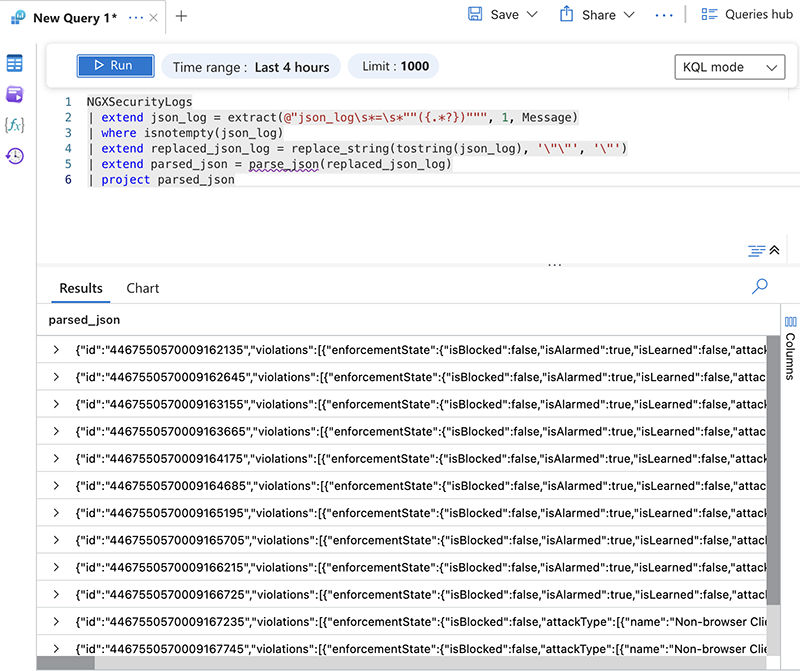 Screenshot showing NGINX security logs in the Logs Analytics Workspace