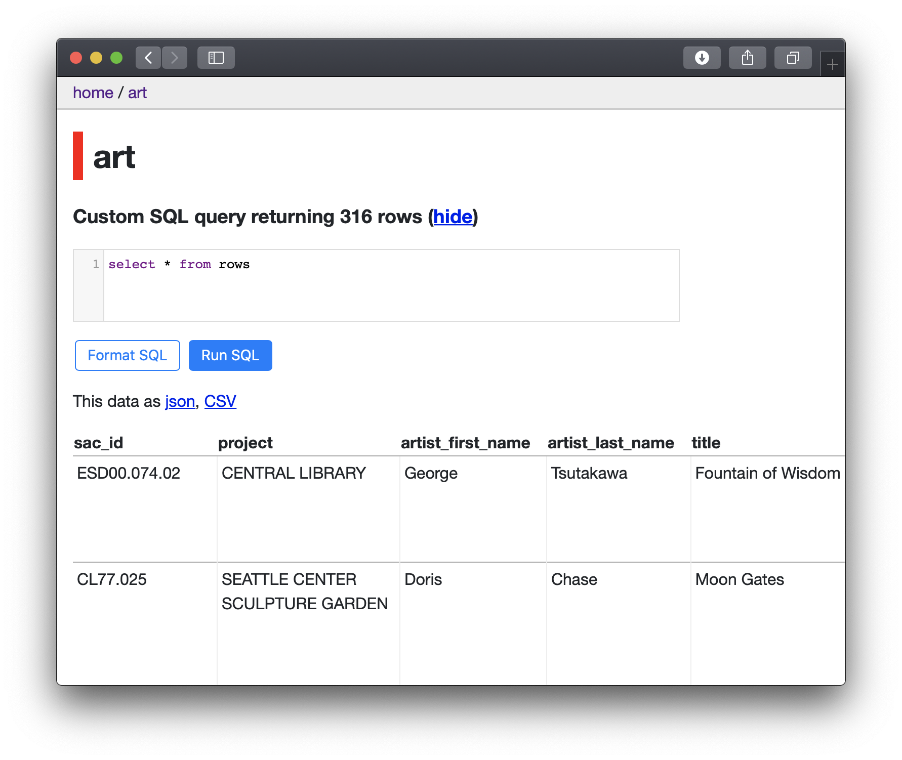 Datasette on Unit - Query Screen