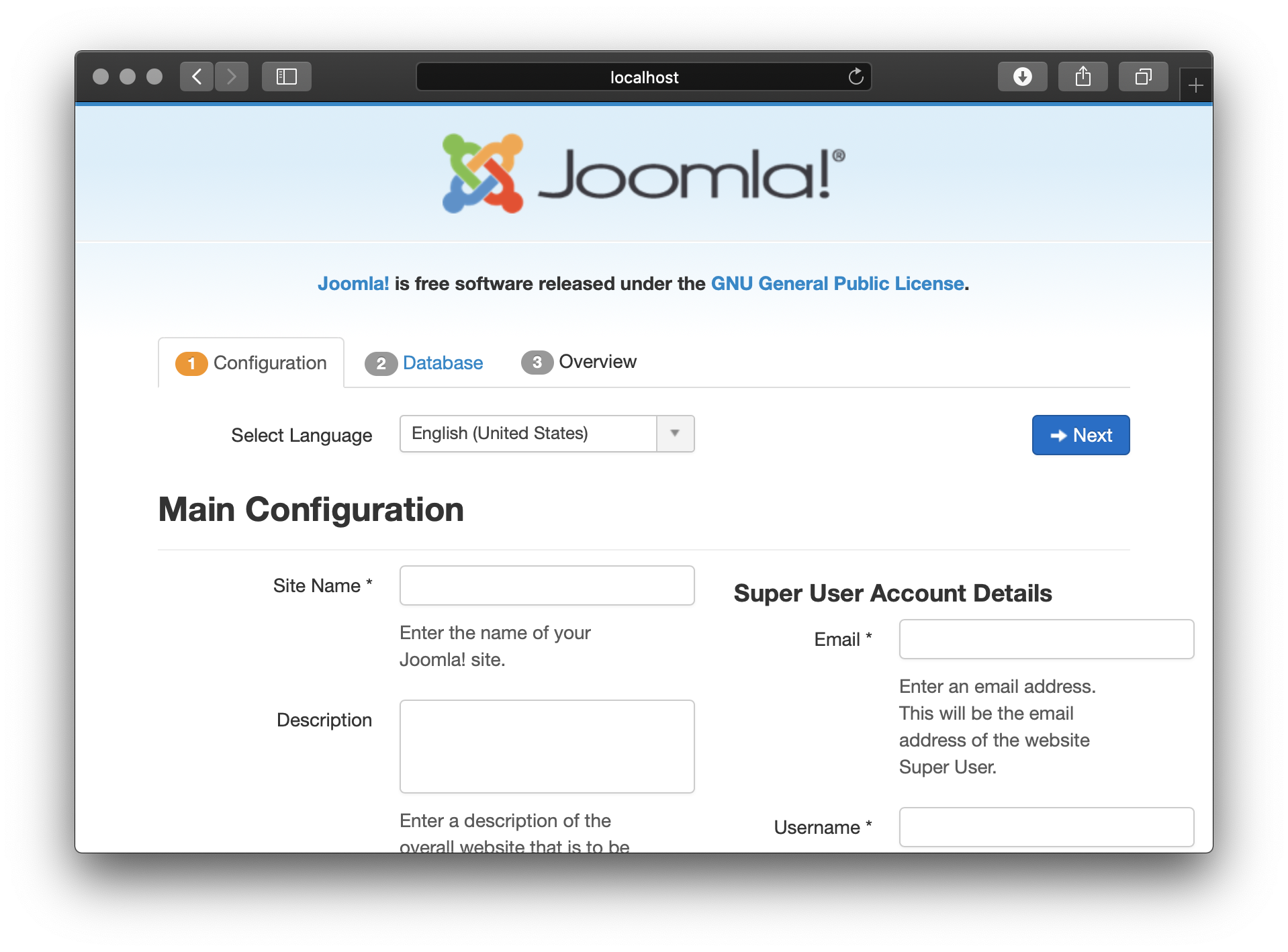 Joomla on Unit - Setup Screen