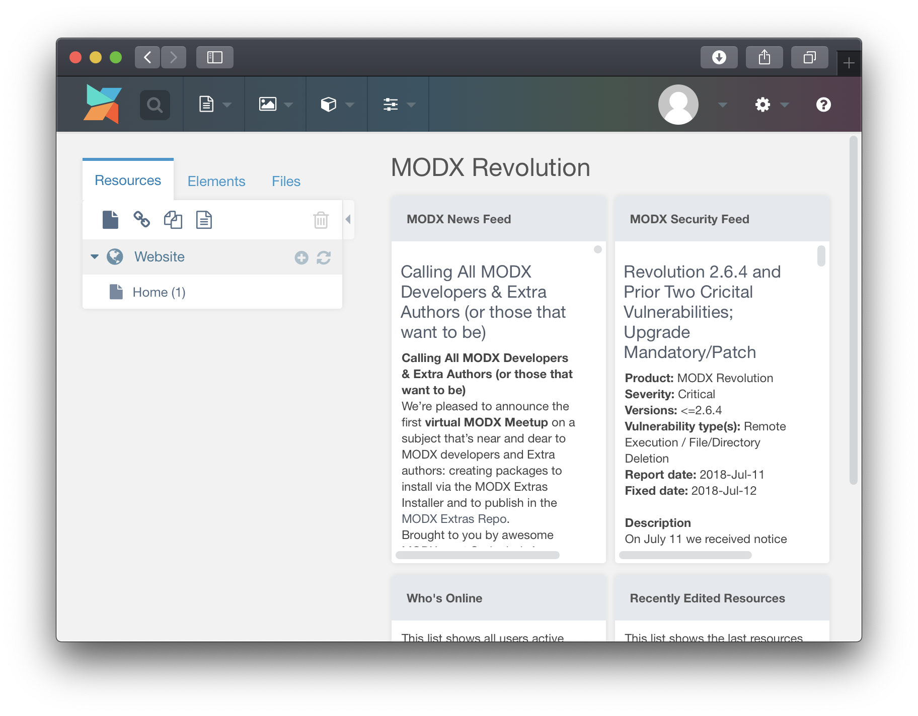 MODX on Unit - Manager Screen