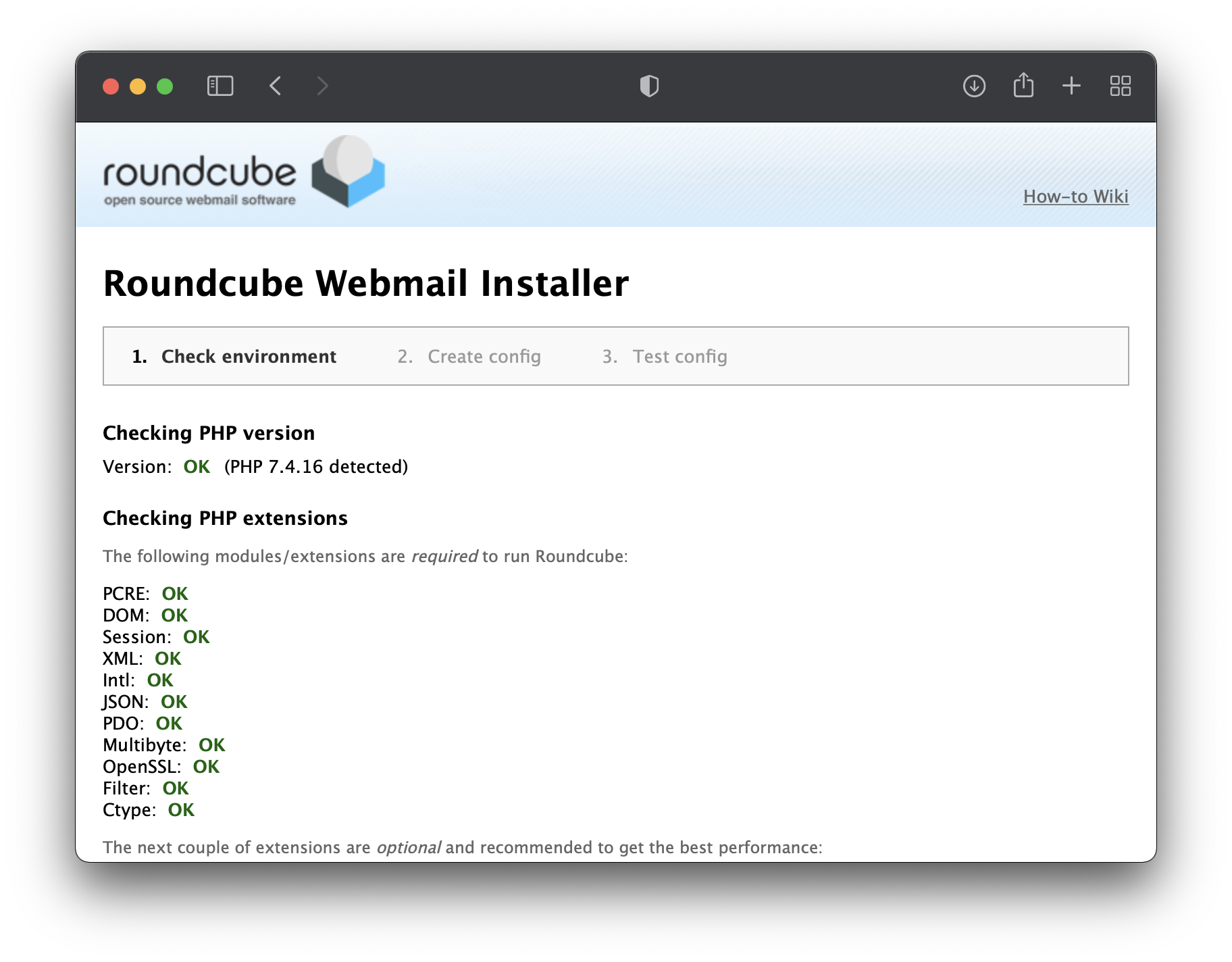 Roundcube on Unit - Setup Screen