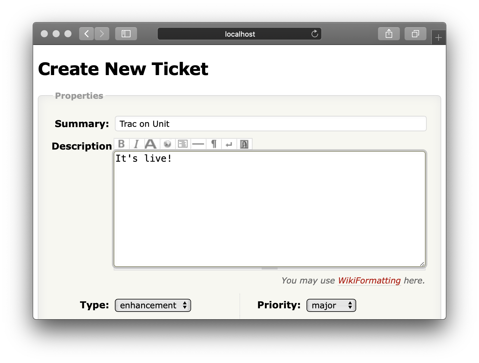 Trac on Unit - New Ticket Screen
