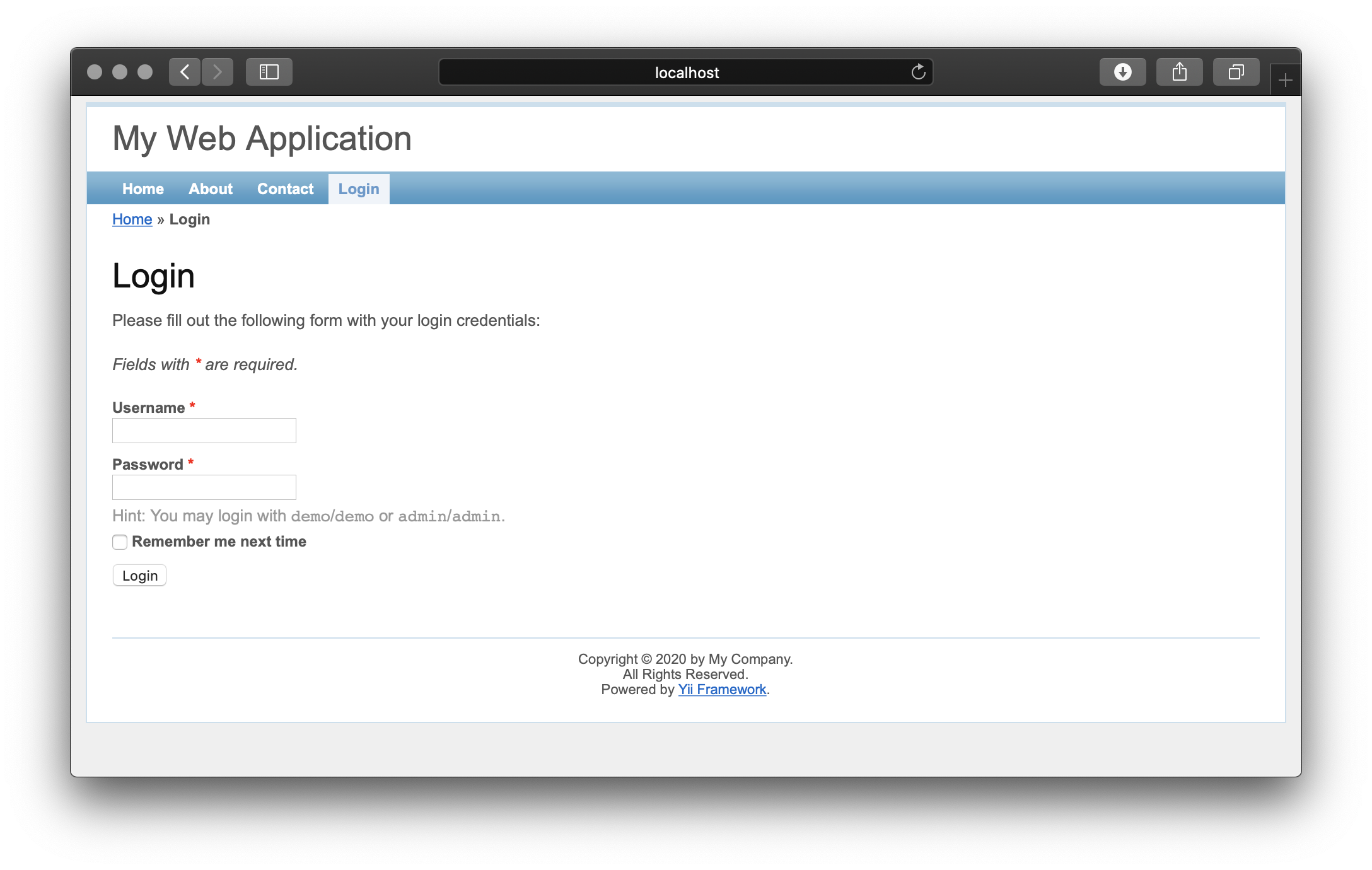 Yii Basic Template App on Unit